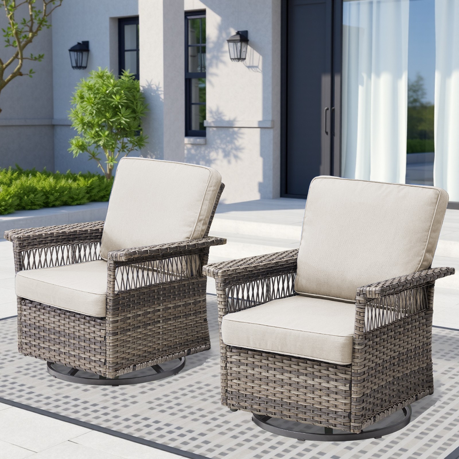 2-Piece Swivel Rocker Patio Chairs Set with 5″ Armrest & Cushion, Gray/Beige