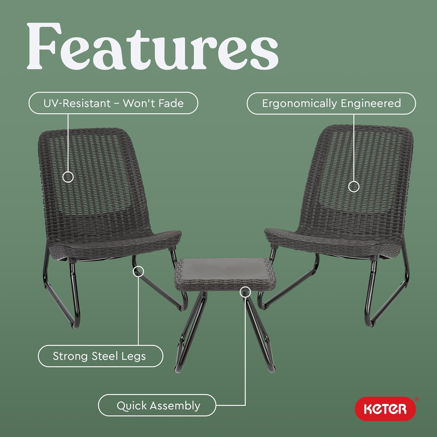Keter Rio 3 Piece Resin Wicker Patio Furniture Set with Side Table and Outdoor C
