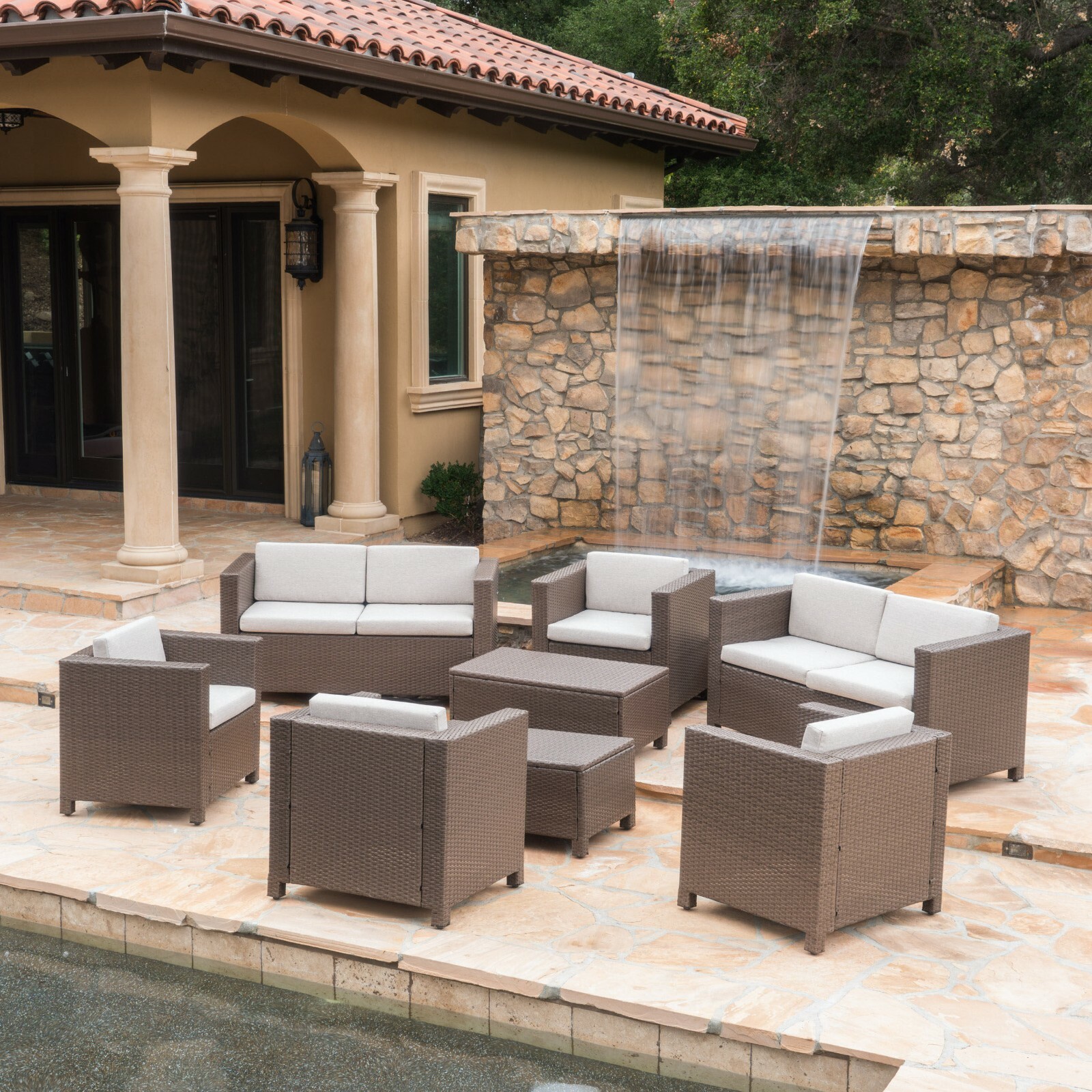 Feronia Outdoor 8 Pc Wicker Chat Set w/ Water Resistant Cushions
