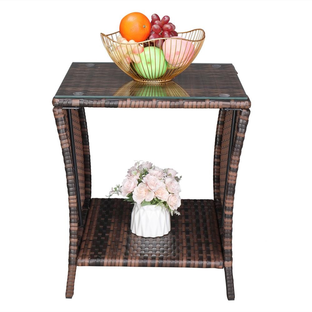 Brown Gradient Wicker Rattan Side Tea Table with Glass Patio Outdoor Furniture