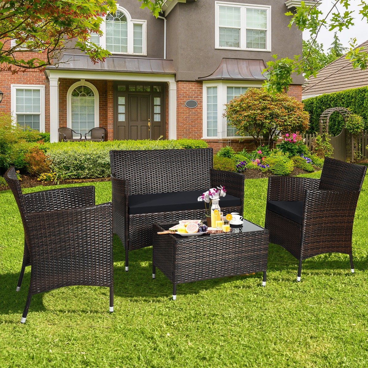 Patiojoy 4PCS Rattan Patio Furniture Set Cushioned Sofa Chair Coffee Table Black