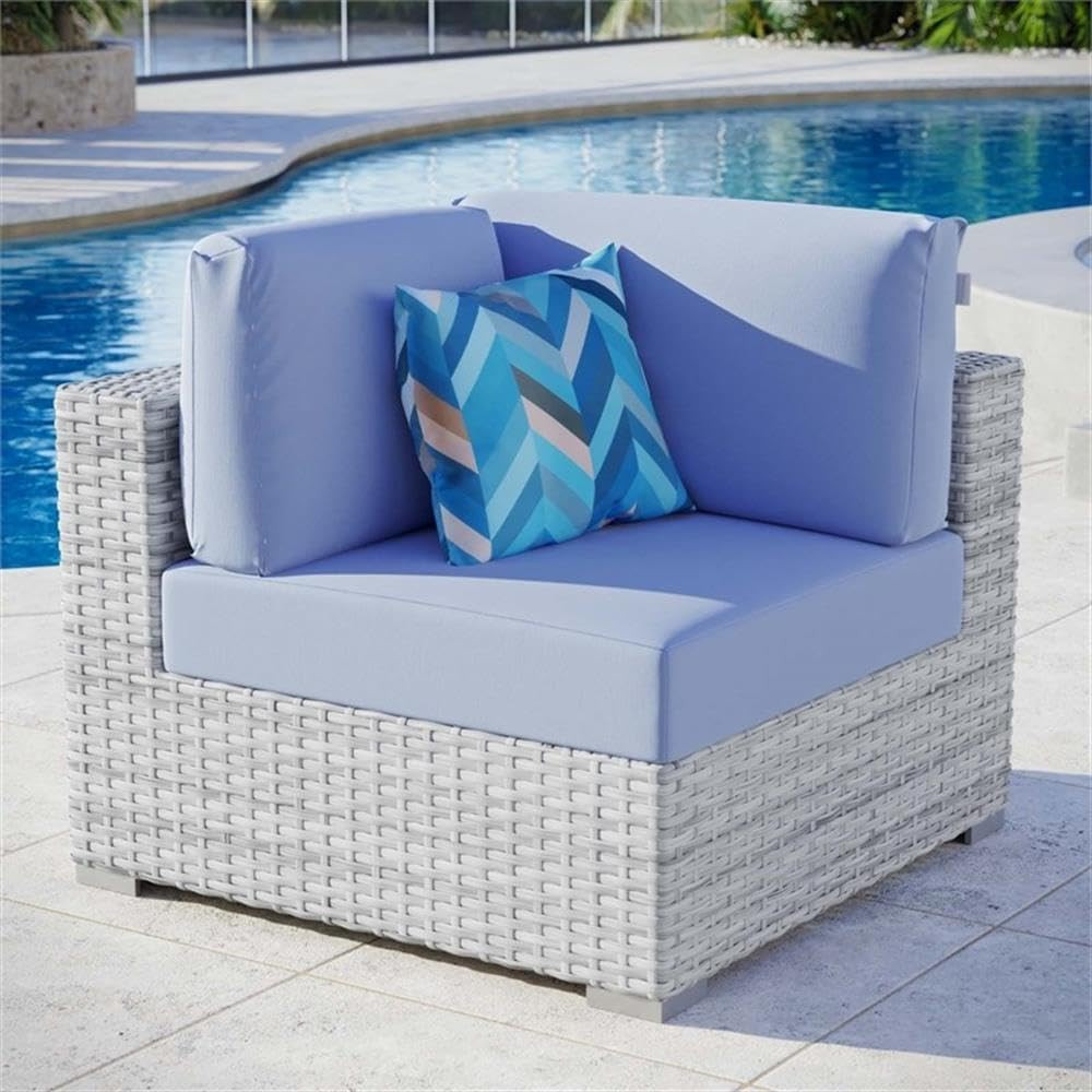 Convene Wicker Rattan Outdoor Patio Corner Chair in Light Gray Light Blue