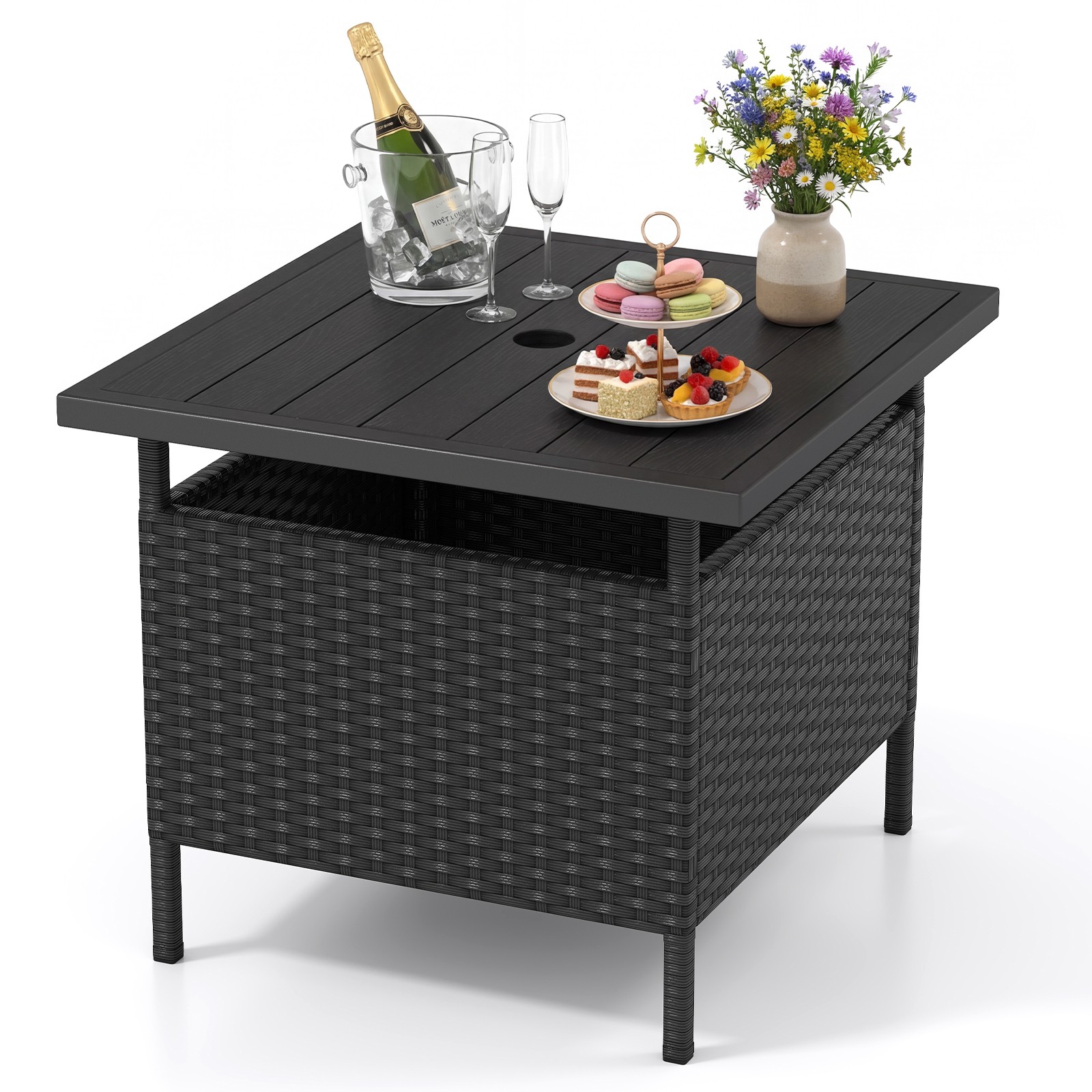 22″ Patio Rattan Square Side End Table Garden Bistro Umbrella Stand Table W/Hole