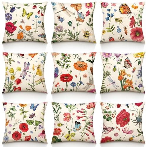 9 Pcs Outdoor Patio Throw Pillow Covers 18 x 18 Summer Garden Floral Wildflower