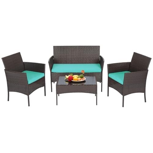 Stylish Brown Wicker Bistro Set with Two Blue Cushioned Chairs for Outdoors