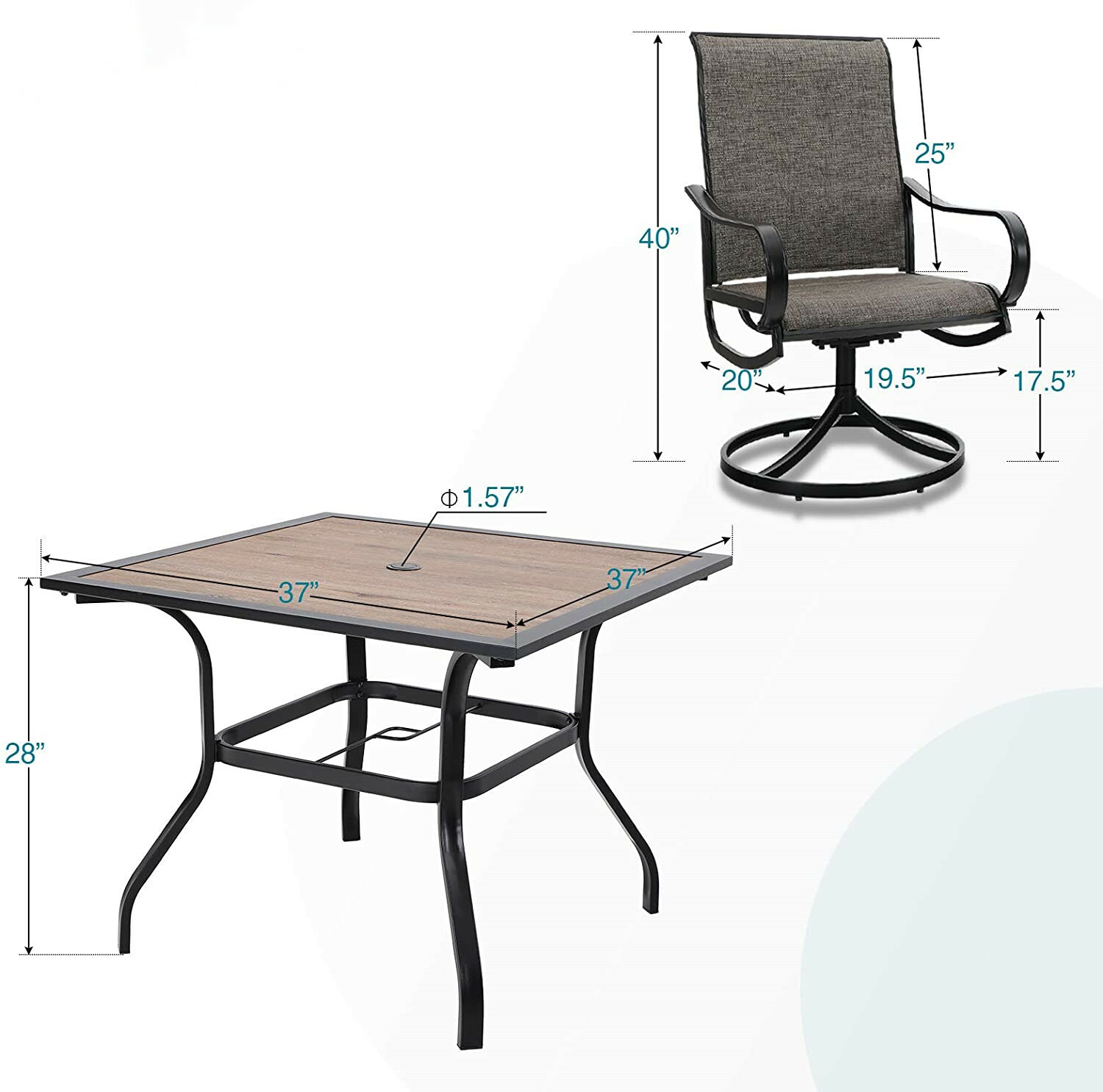 Patio Dining Furniture Set Of 5 Garden Swivel Chair Square Table w/Umbrella Hole