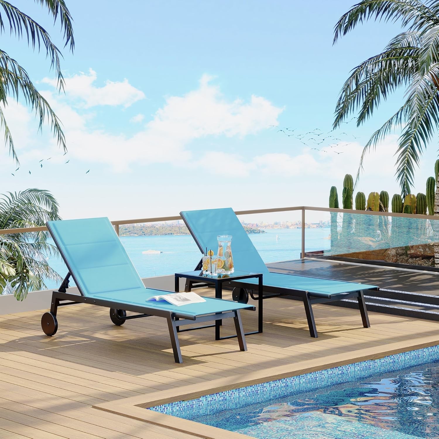 Outdoor Lounge Chairs 3 pcs with Wheel Side Table Poolside Lounger Patio Chaise