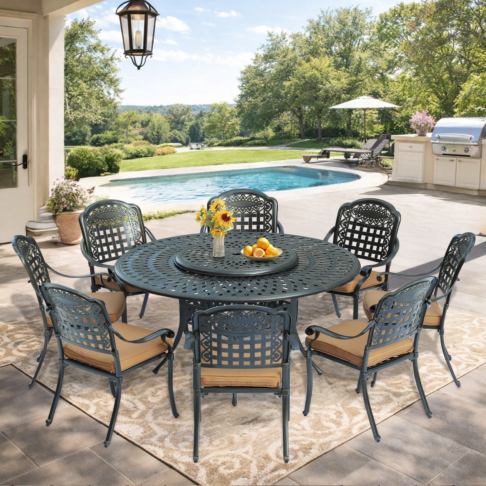 10-Piece Outdoor Cast Aluminum Patio Dining Set Table & Chairs Set W/ Lazy Susan