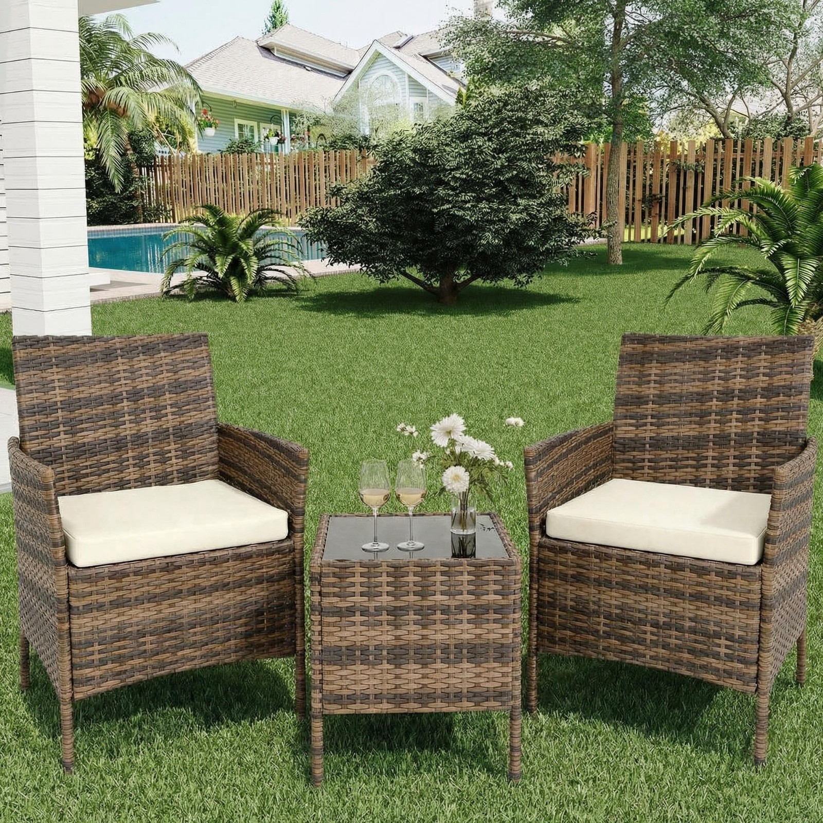 3 Pieces Patio Porch Furniture Set Outdoor PE Rattan Wicker Conversation Set