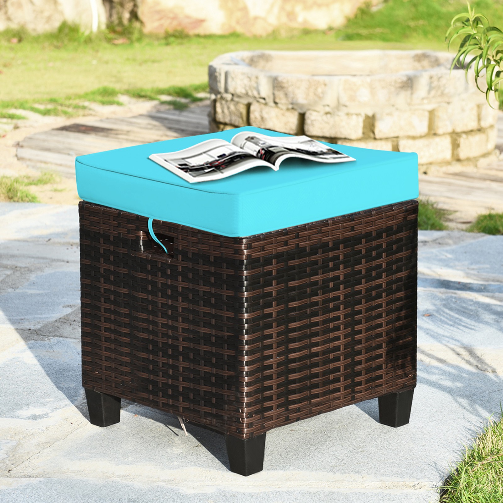 Set of 2 Patio Rattan Ottoman Footrest Garden Outdoor w/ Turquoise Cushion