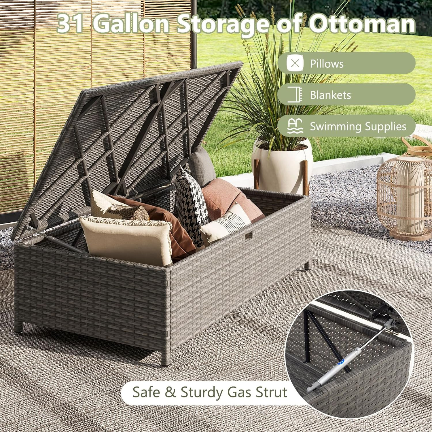 OUTDOOR RATTON DAYBED, WICKER LOVESEAT & 31 GALLON STORAGE OTTOMAN SOFT CUSHIONS