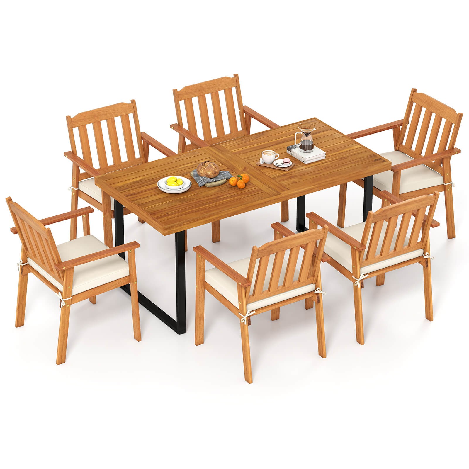 7PCS Patio Dining Table Set, 63” Table & 6 Acacia Wood Armchairs w/Umbrella Hole