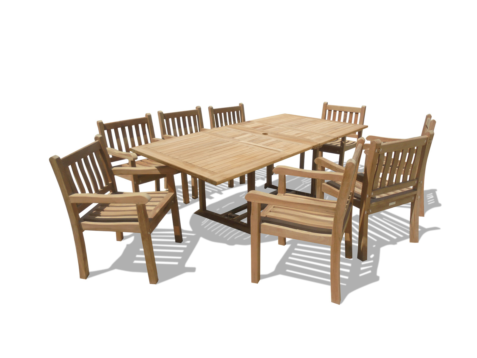 Windsor Premium Grade A Teak 82″x39″ Rect Extension Table w8 Majestic Arm Chairs