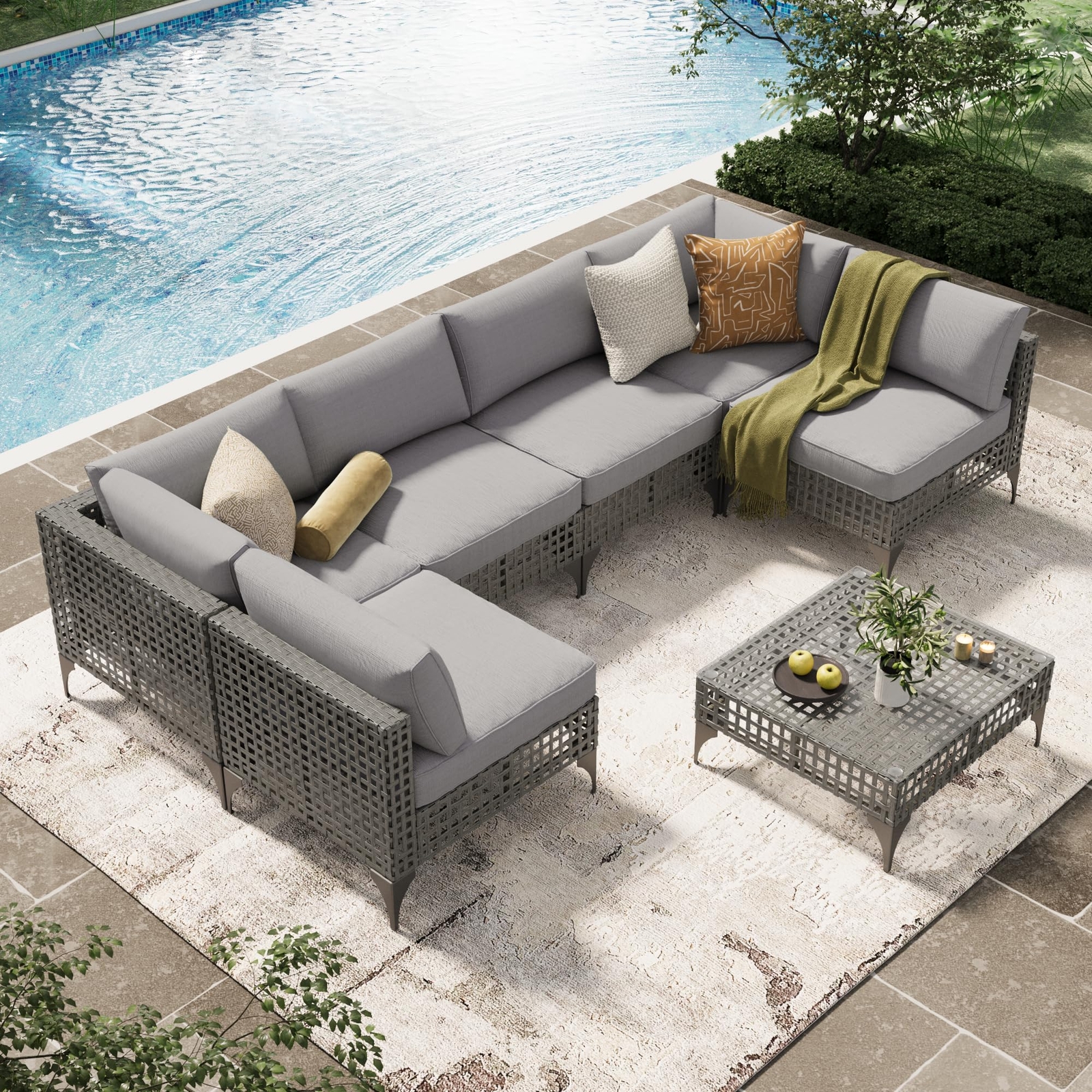 7-Piece Patio Furniture Set Outdoor Sectional Sofa with Cushions Wicker Rattan