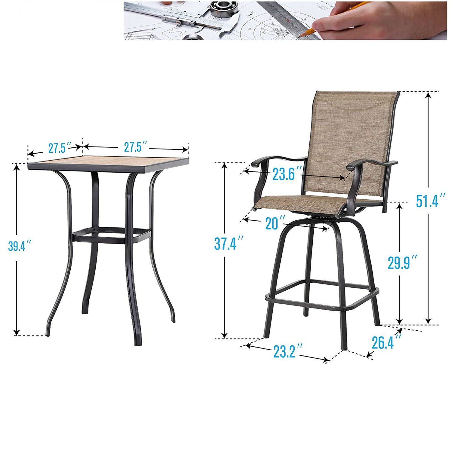 3 Piece Outdoor Patio Bar Table Set Swivel Bar Chair Bar Height Barstools Chairs