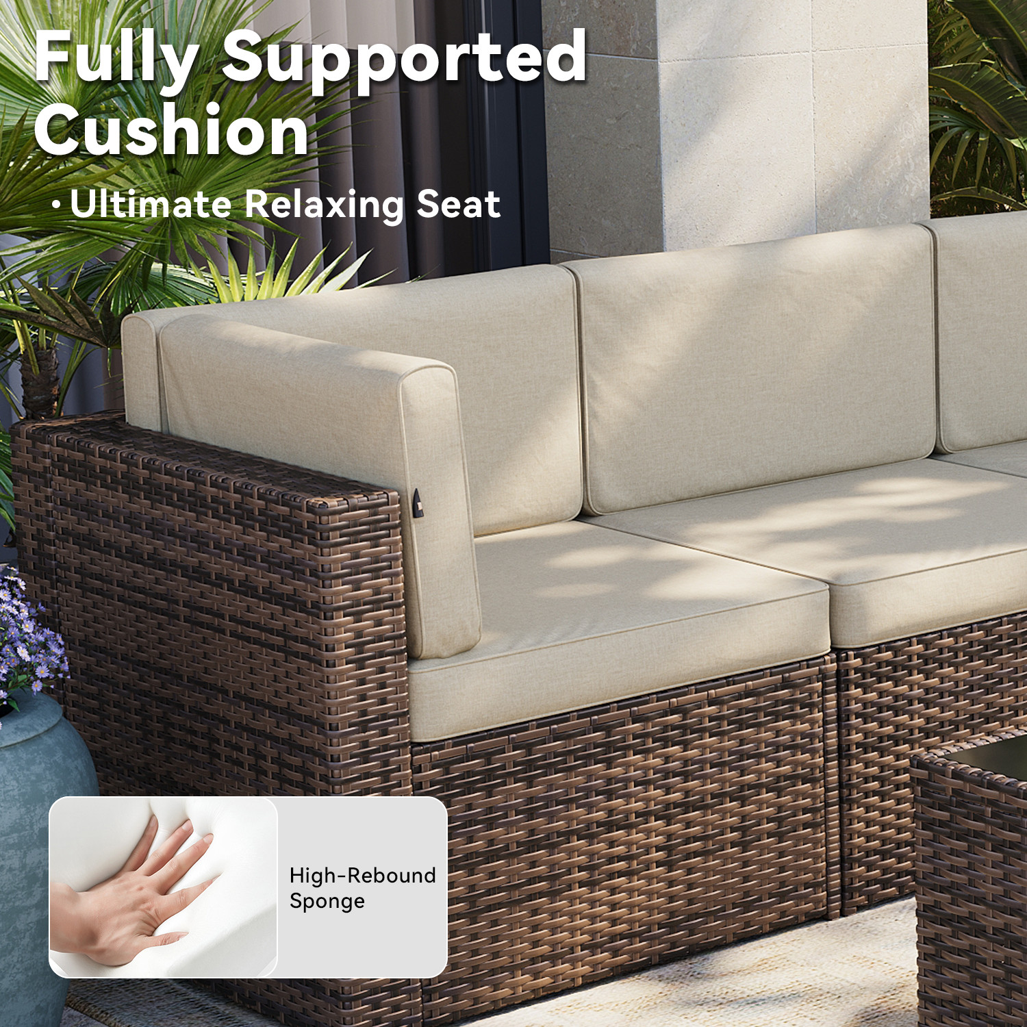 7-Piece Brown Rattan Sofa Set Beige Cushions Coffee Table