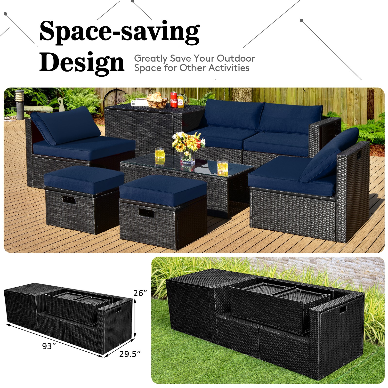 Patiojoy Outdoor 8PCS Rattan Furniture Set Storage Table Ottoman Navy
