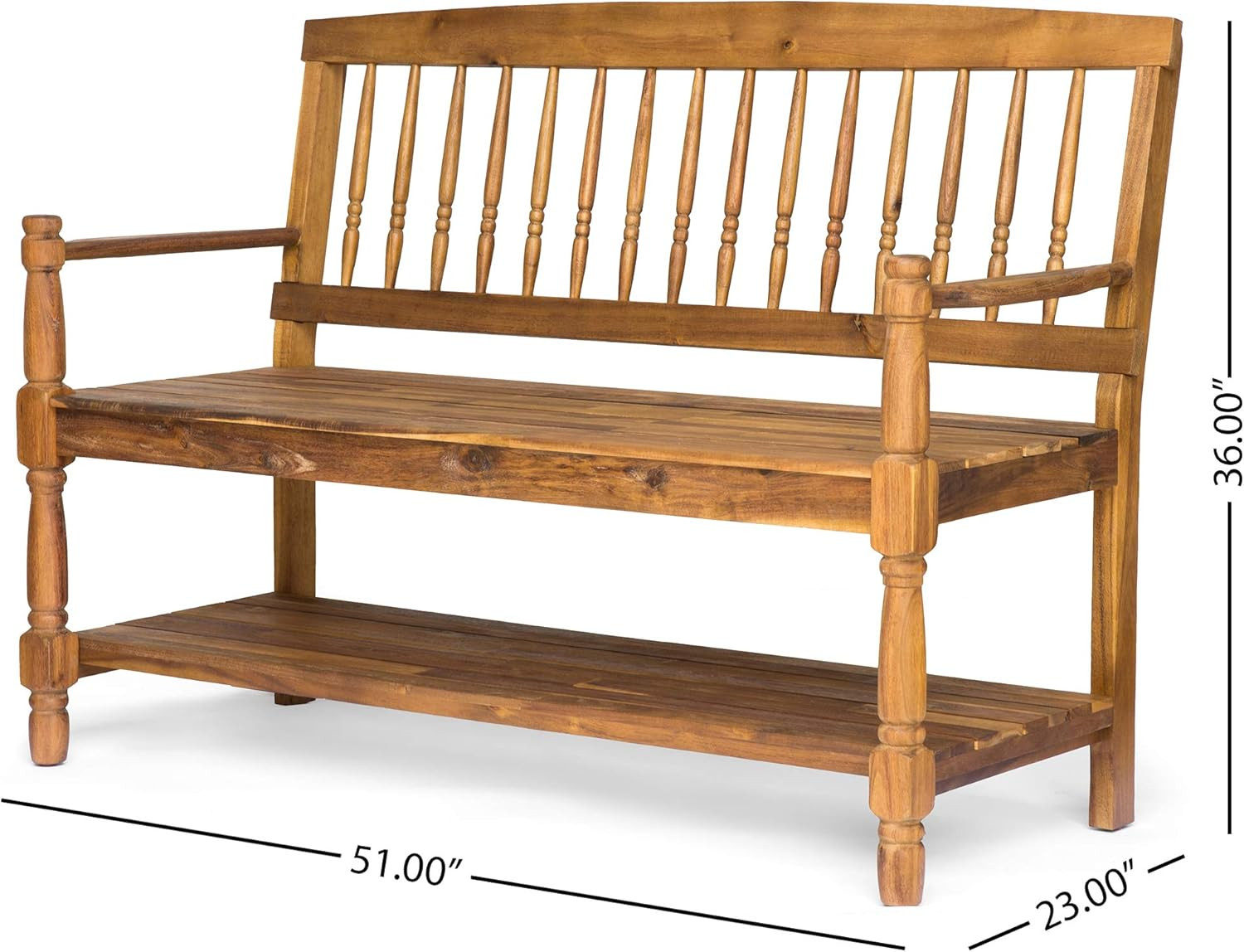 Cody Outdoor Acacia Wood Bench with Shelf, Teak Finish