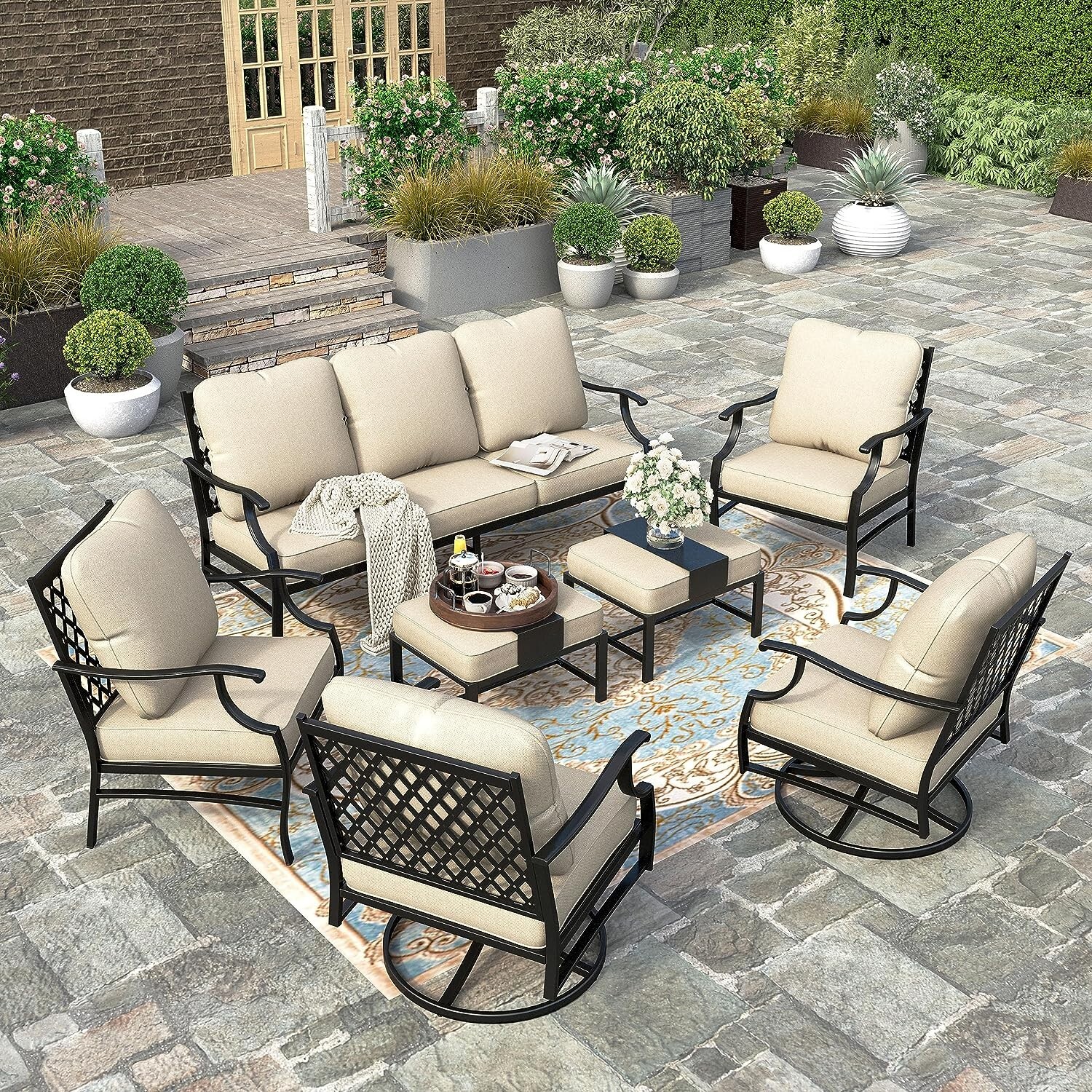 7 Piece Patio Furniture Set Outdoor Conversation Set for Lawn Garden for 9-Seats