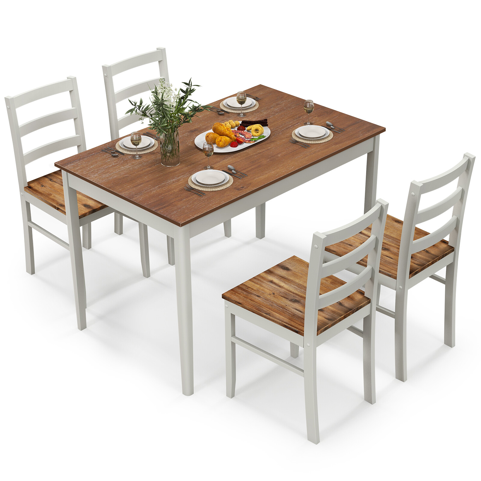 5PCS Dining Set Solid Wood Kitchen Furniture w/ Rectangular Table & 4 Chairs
