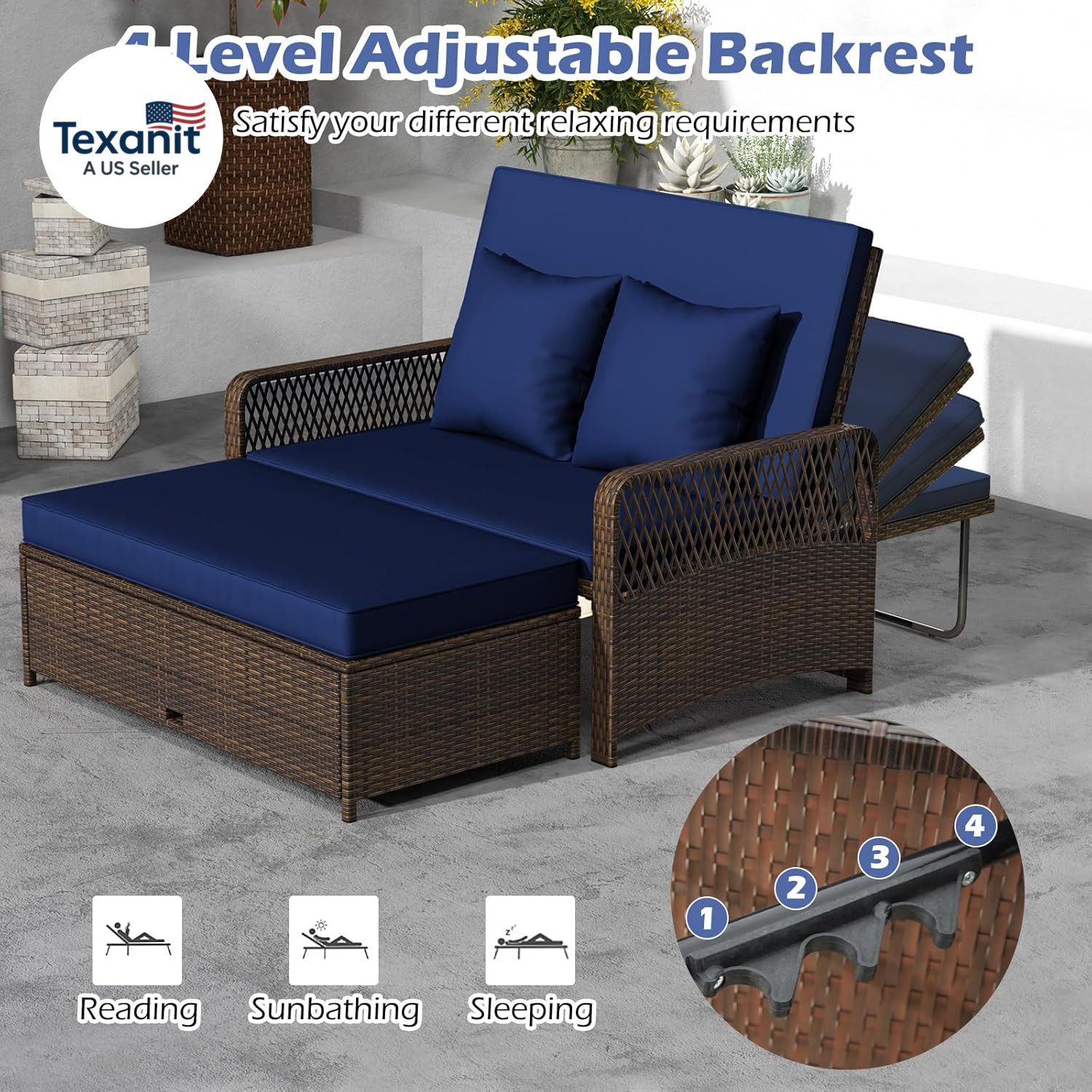 Patio Rattan Daybed with 4-Level Adjustable Backrest, 2-Person Outdoor Wicker Lo