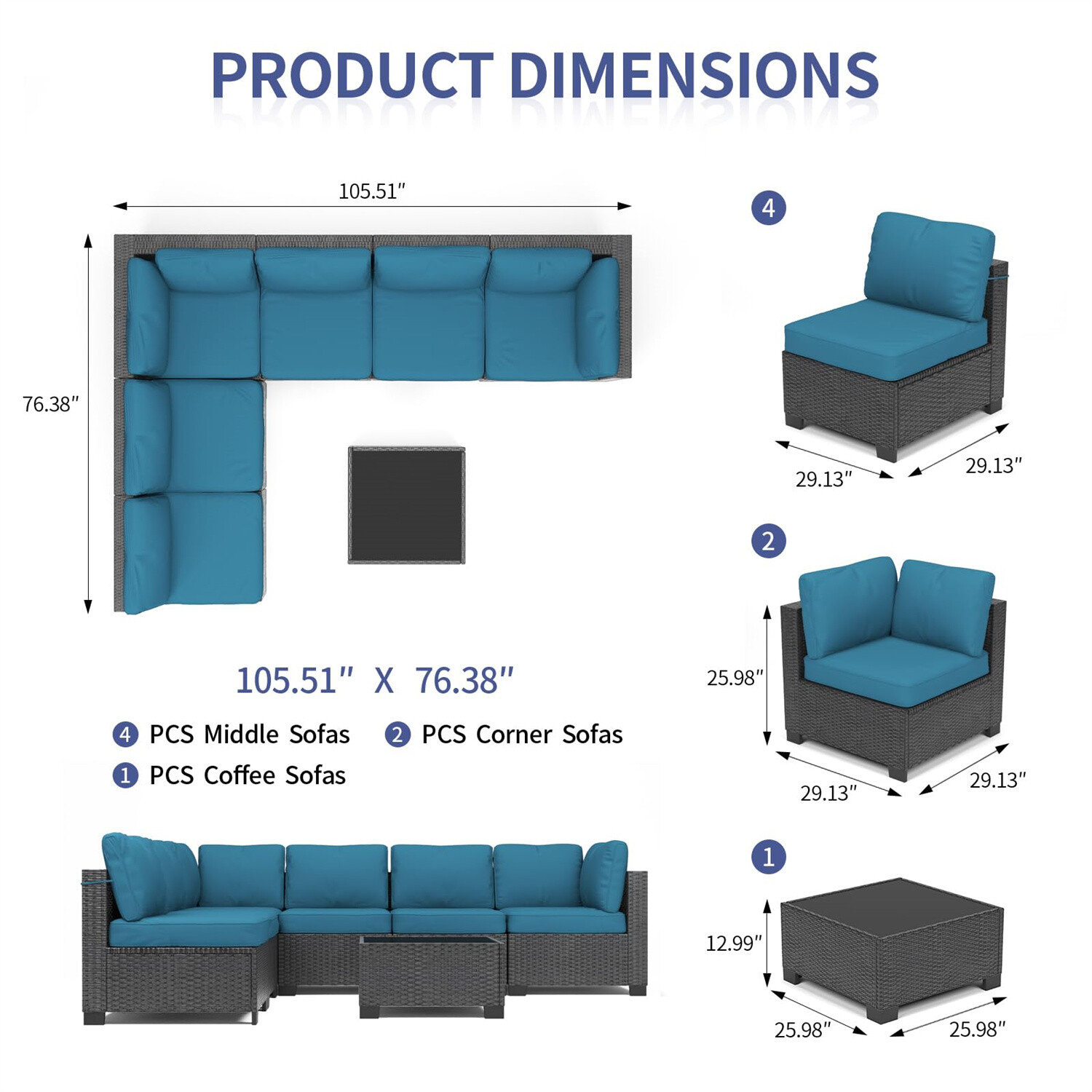 7-Piece Outdoor Patio Furniture Set PE Rattan Wicker Sectional Modular Sofa Set