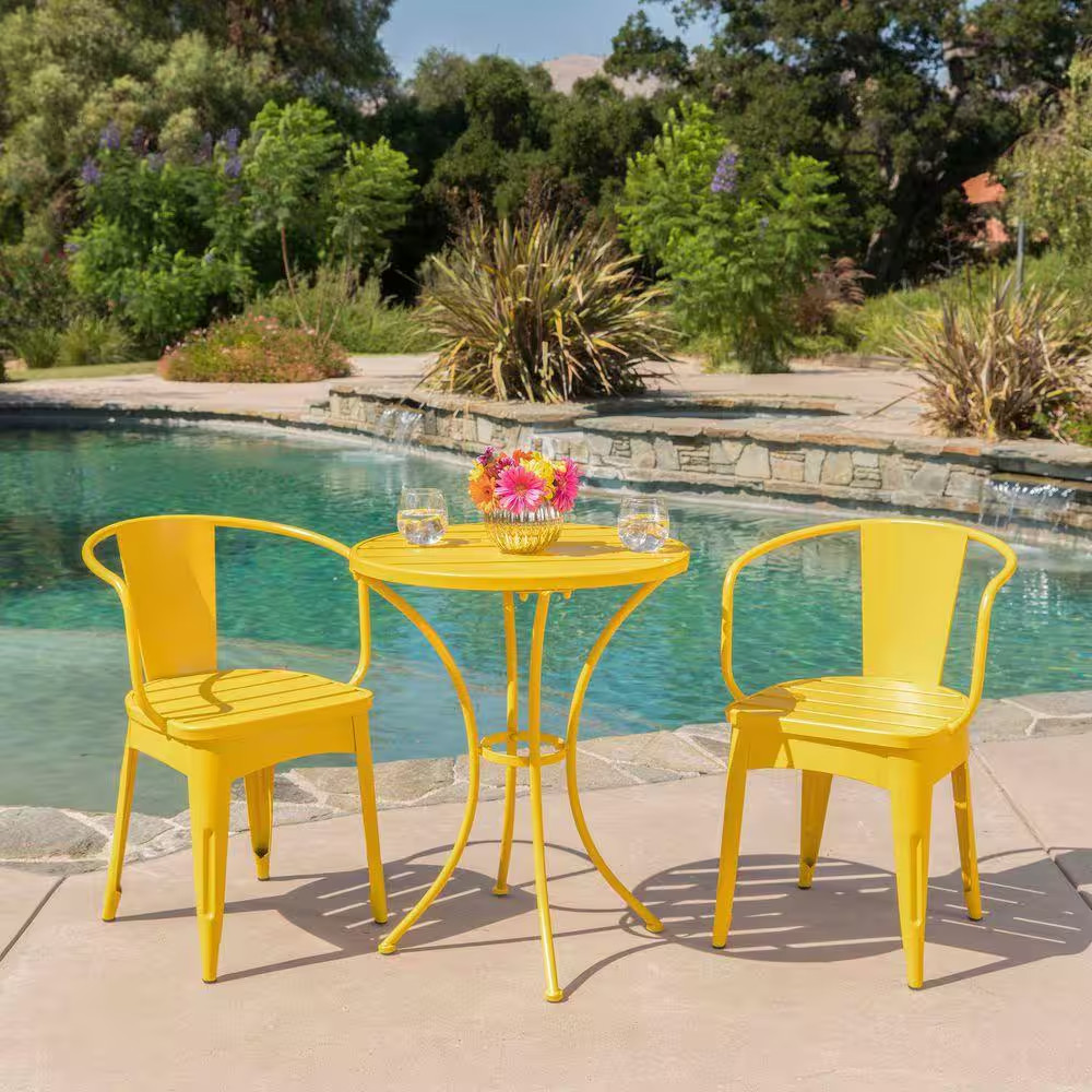 3-Piece Yellow Colmar Metal Outdoor Bistro Set, Patio Dining Set for Gardens Bac