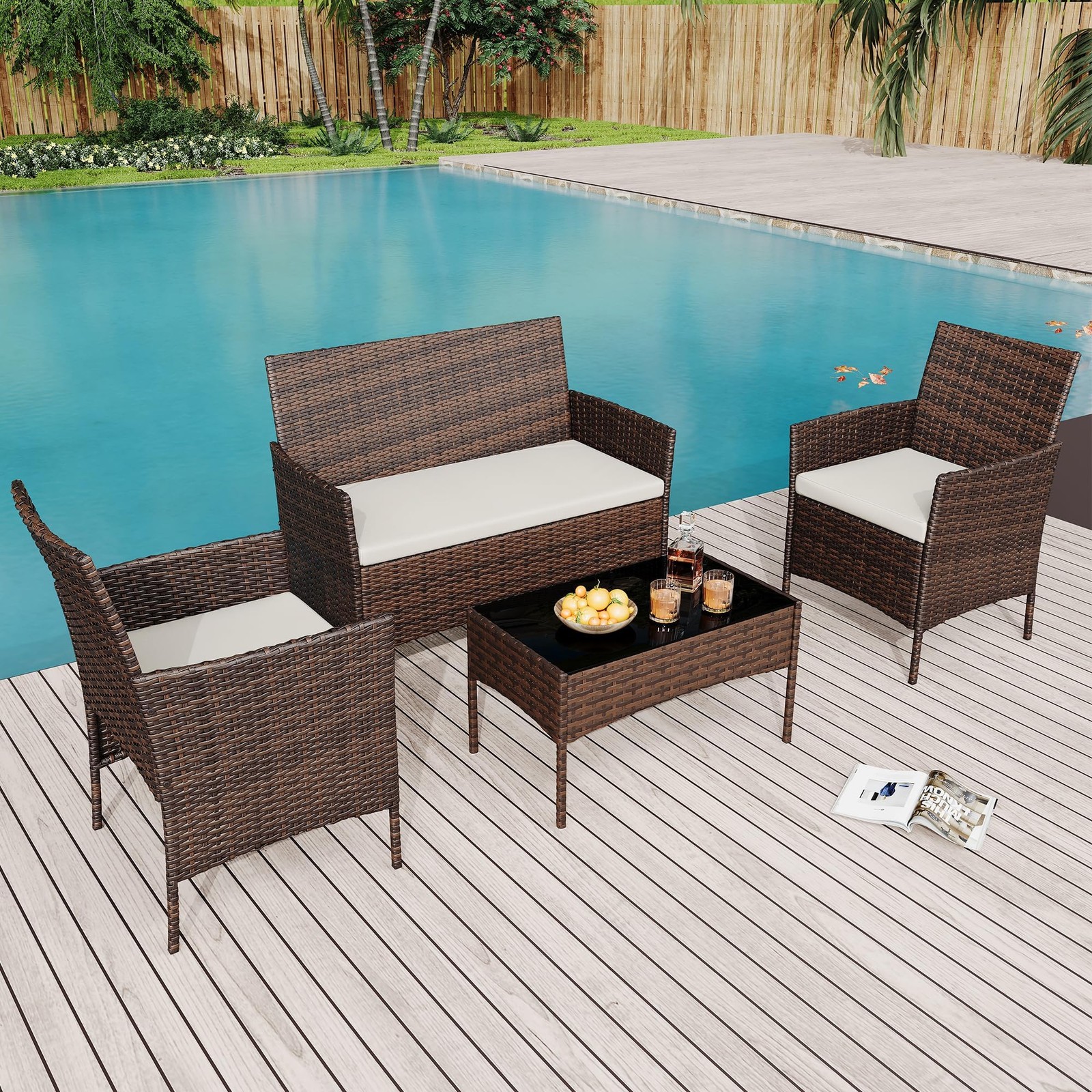 4pcs Patio Furniture Set, Outdoor Wicker Conversation Set, Cushion &Coffee Table