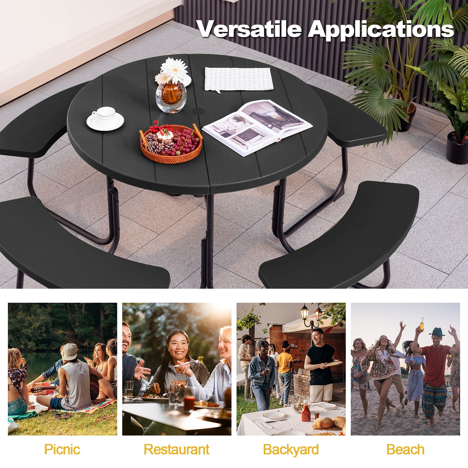 Outdoor 8-person Round Picnic Table Bench Set w/ 4 Benches & Umbrella Hole Black