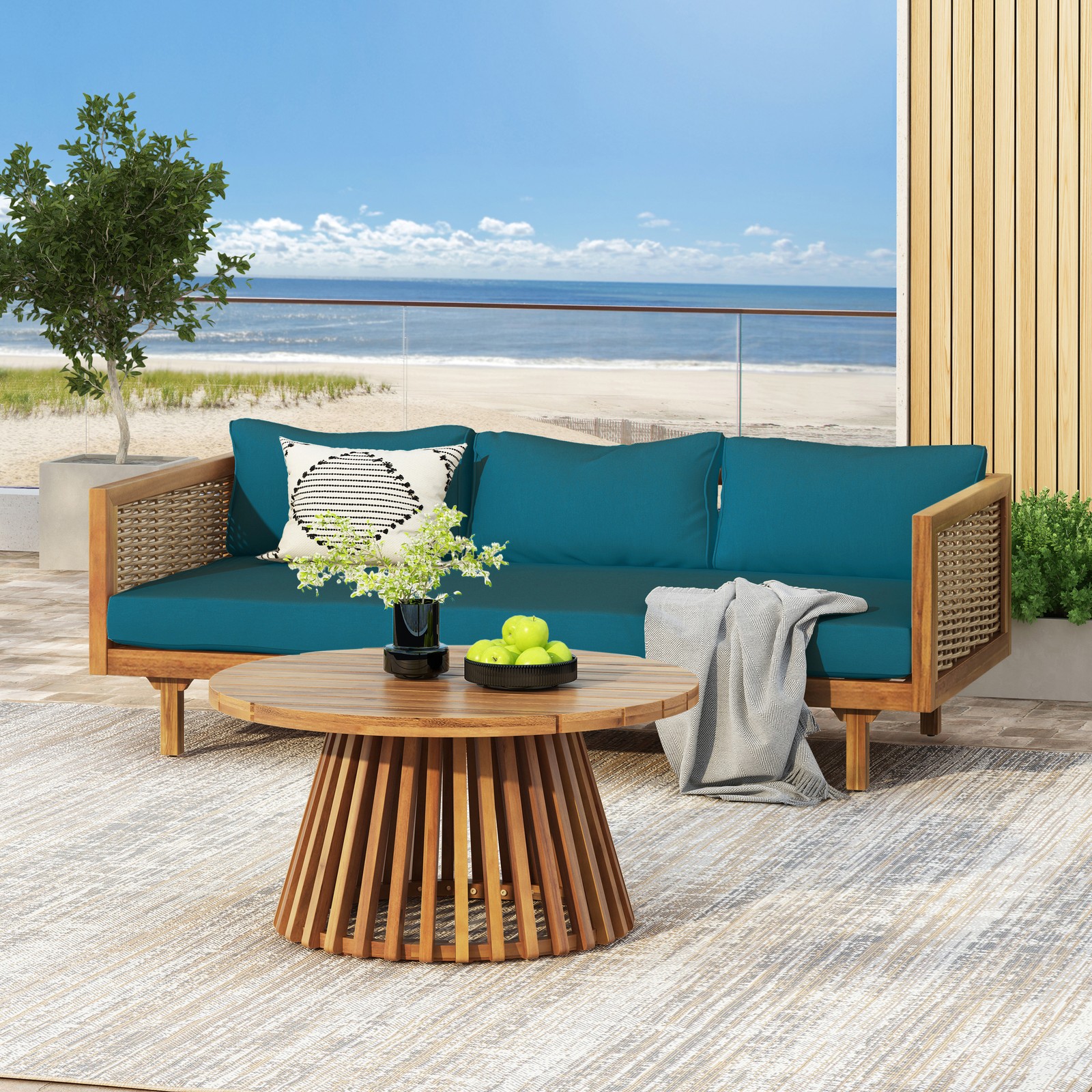 Acacia Wood Patio Furniture Set Outdoor 3 Seater Daybed with Table Lounge Chair