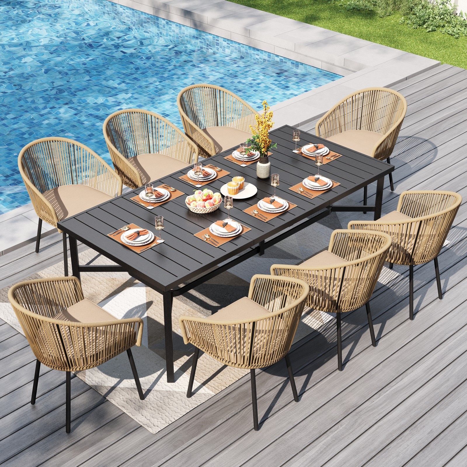 9Pcs Outdoor Dining Set Wicker Rattan Patio Table Chairs with Rectangular Table