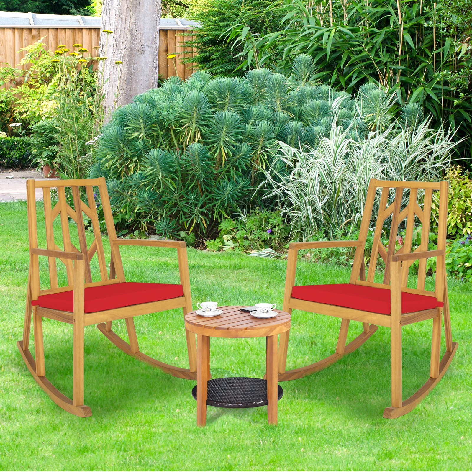 Patio Wood Armrest Cushioned Sofa Rocking Chair Acacia Garden Deck Red