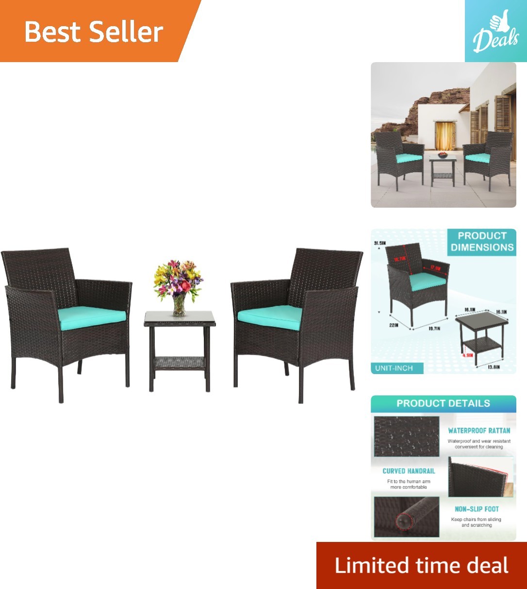 Stylish Outdoor Conversation Set – 3 Pieces with Rattan Chairs & Coffee Table