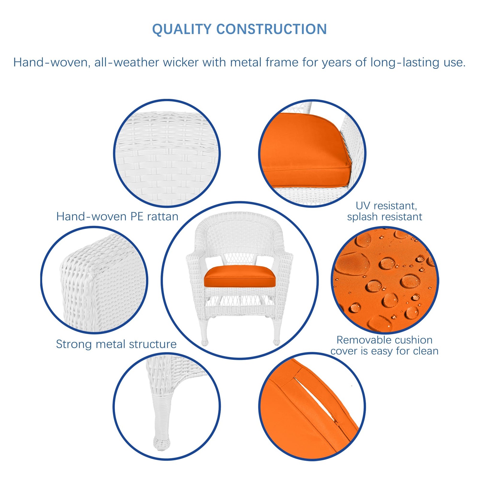 Jeco 3 Piece Wicker Conversation Set in White with Orange Cushions