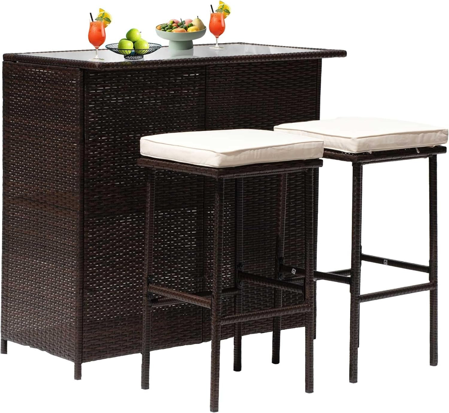Paylesshere Rattan Bar Set 3Pcs Patio Wicker Bistro Set Sturdy Frame Bar Height