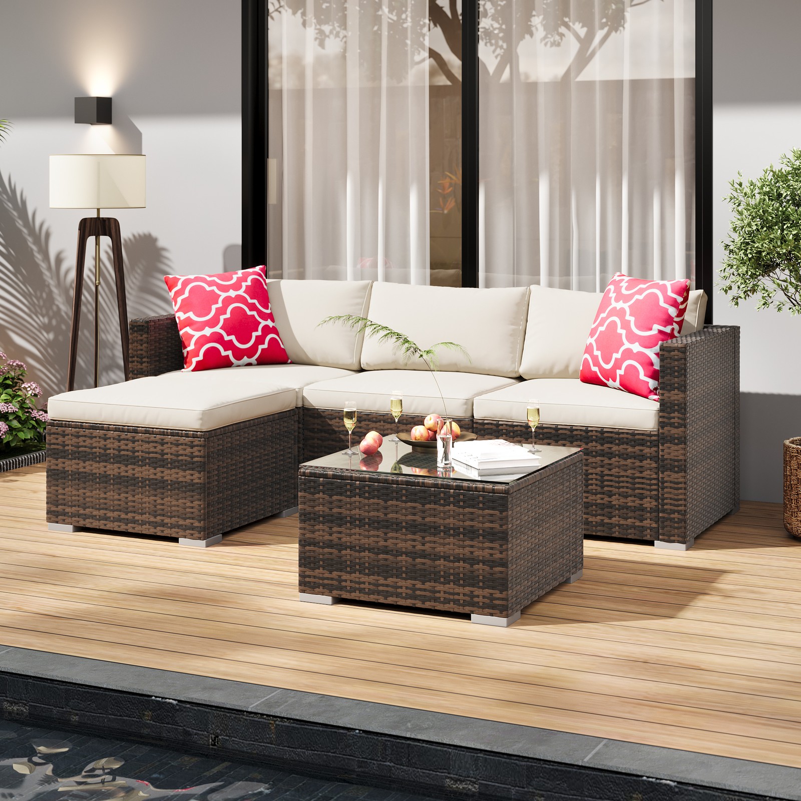 5 Piece Patio Furniture Set, Wicker Sectional Sofa with Cushions & Coffee Table