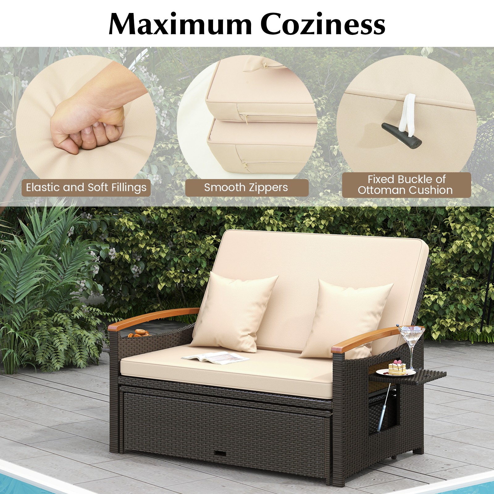 Patio Rattan Daybed Set w/Cushioned Loveseat & Storage Ottoman for Porch Beige