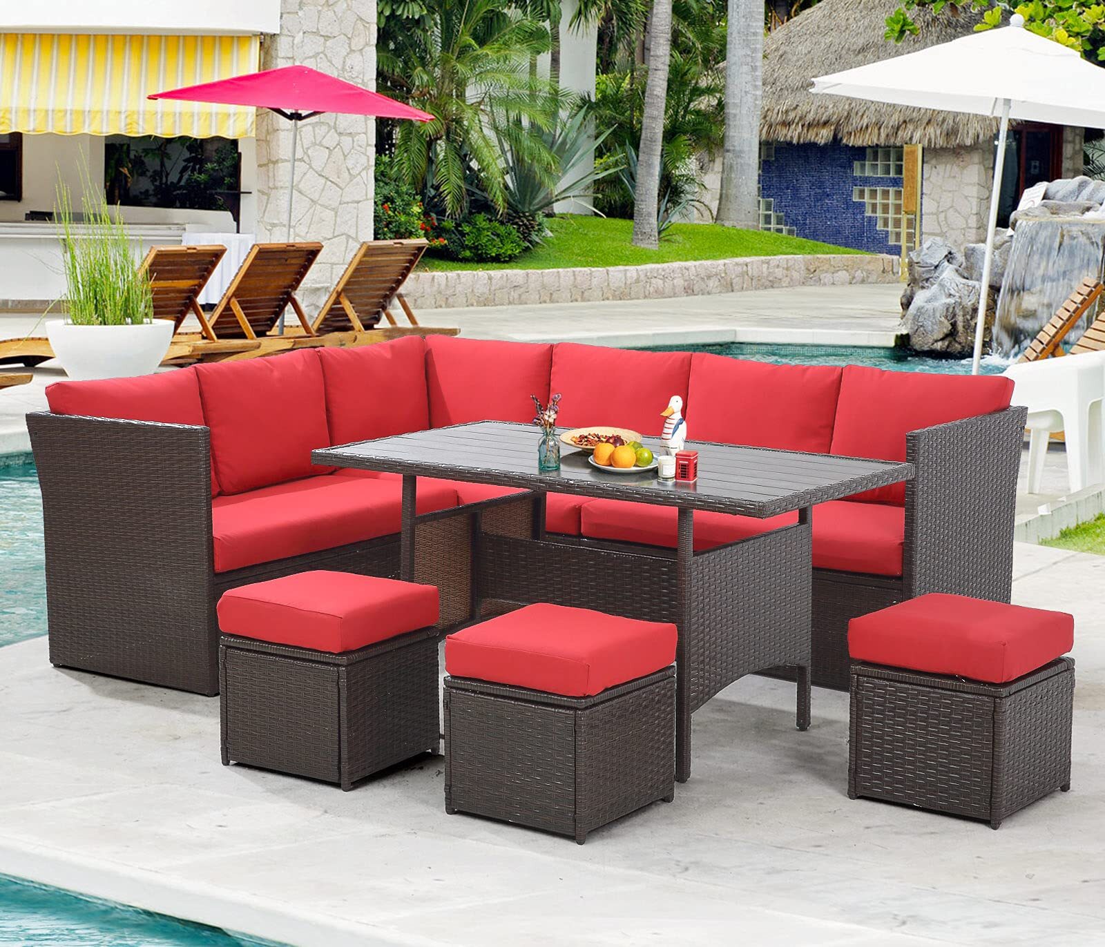 7pc Patio Furniture Set, Outdoor Dining Table&Chairs Wicker Conversation Ottoman