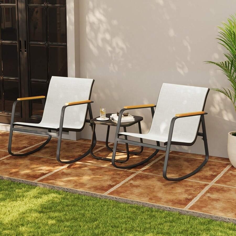 3 Piece Outdoor Rattan Rocking Chair Bistro Set Grey Patio Furniture For Balcony