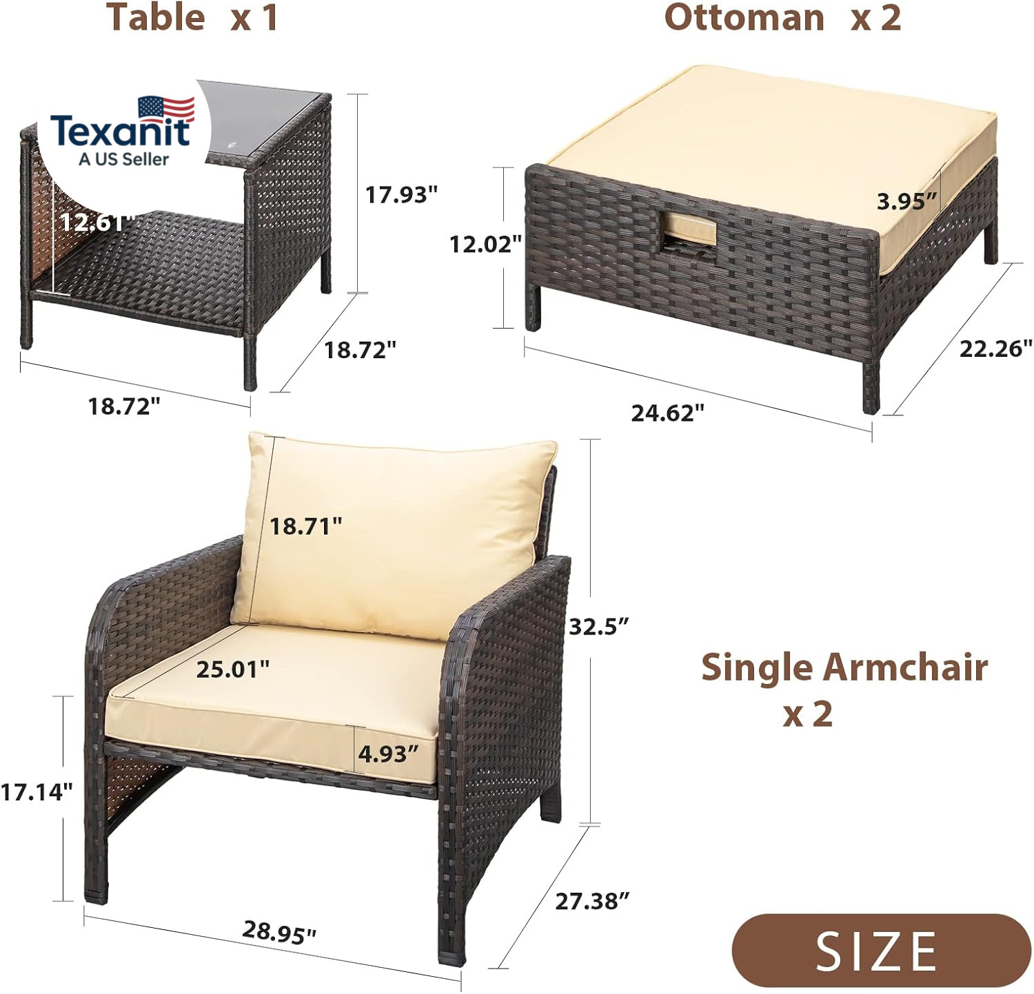 Balcony Furniture 5 Piece Patio Conversation Set, PE Wicker Rattan Outdoor Loung