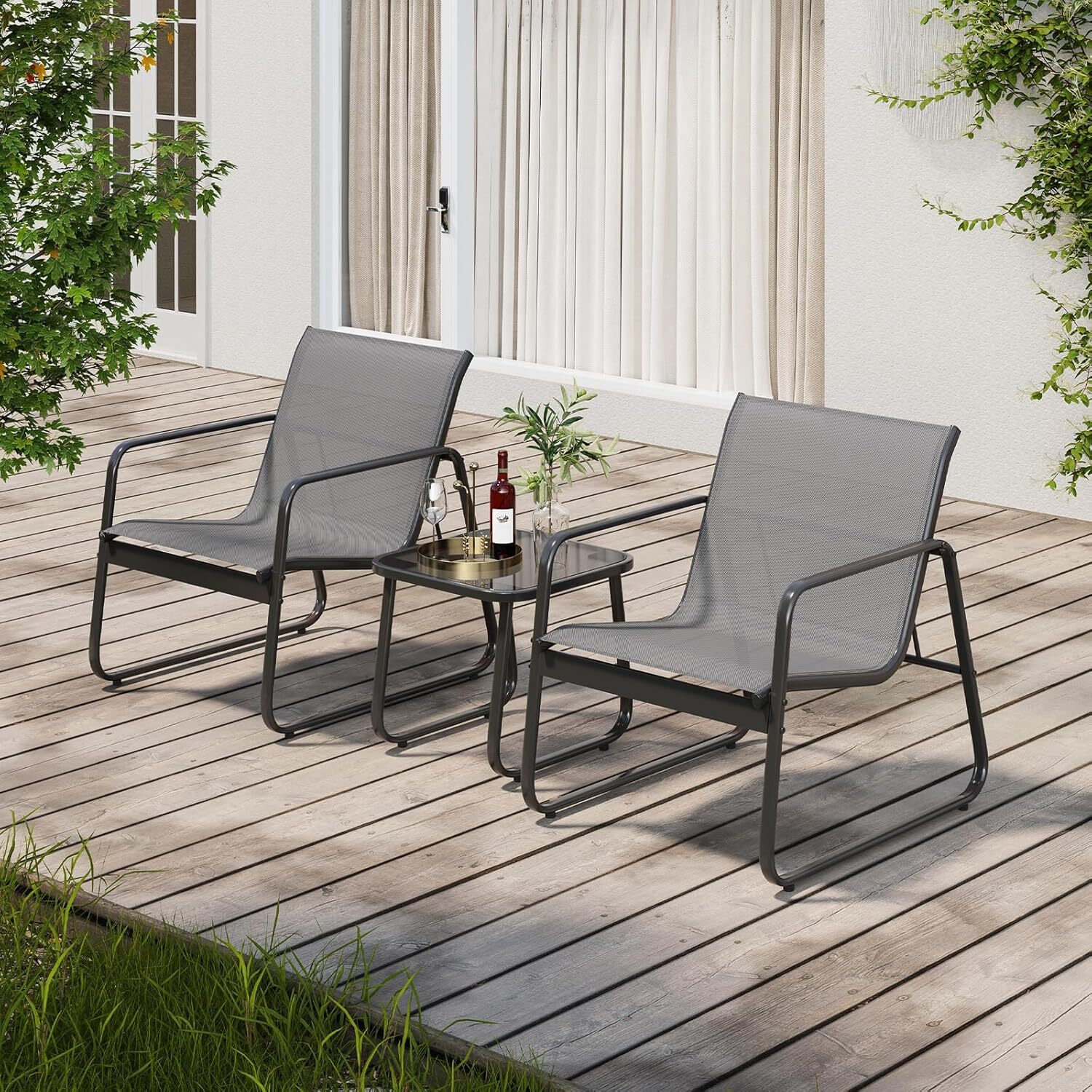 “Gizoon 3-Piece Patio Set with 2 Chairs & Table, Textilene Fabric, Grey”