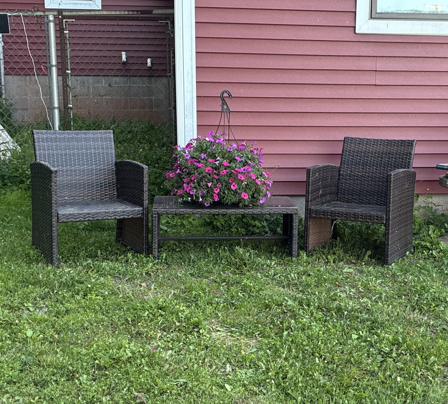 3-Piece Brown Wicker Patio Bistro Set w/ Clear Glass Rectangle Table & 2 Chairs