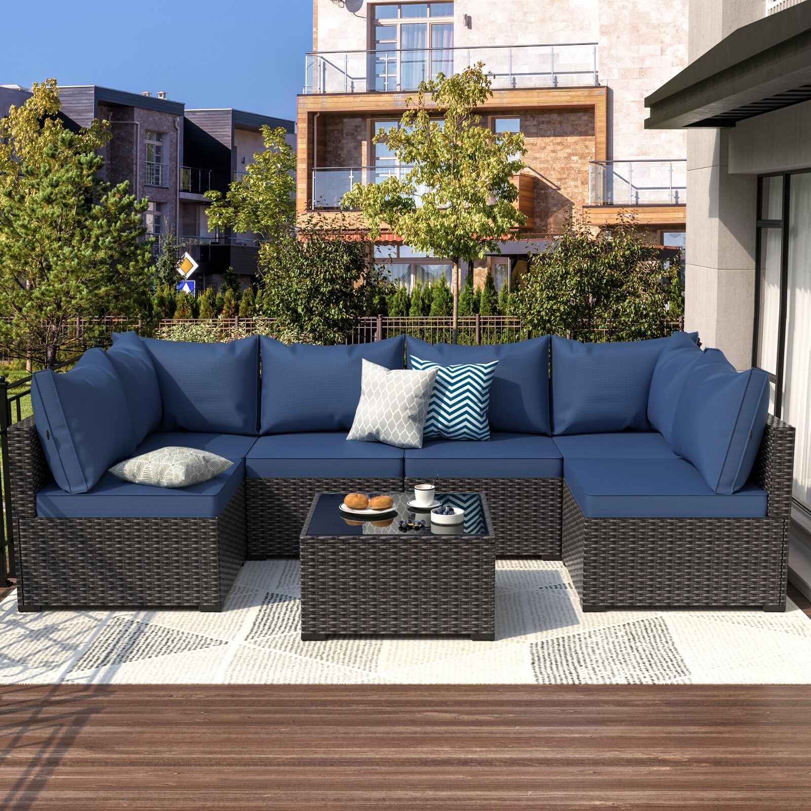 7PCS Outdoor Patio Furniture Sectional Sofa Set PE Rattan Wicker Couch Cushioned