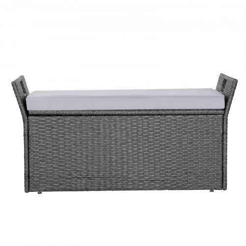 Outdoor Storage Bench, 2-Person PE Rattan Storage Bench, 40 Gal Deck Box with Cu