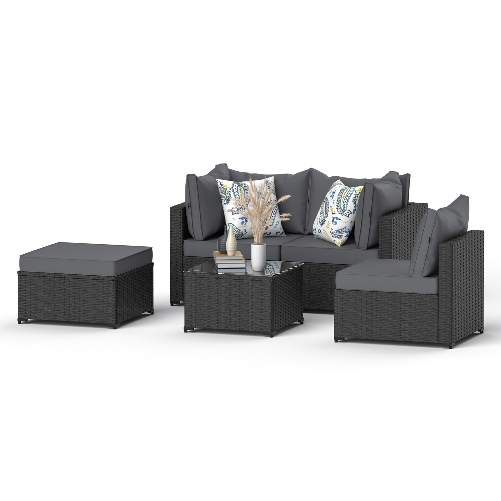 5pcs Outdoor Patio Conversation Sectional Set Wicker Rattan Conversation Set