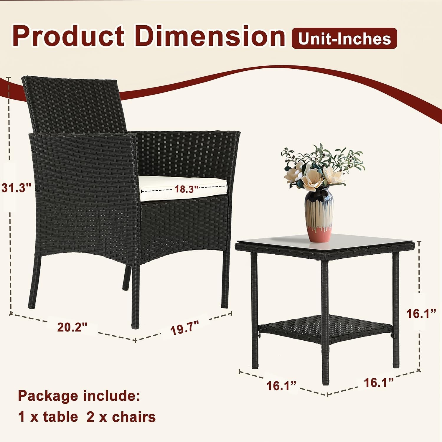 Easy Assembly Rattan Patio Set with Removable Cushions & Elegance – 3 Pieces