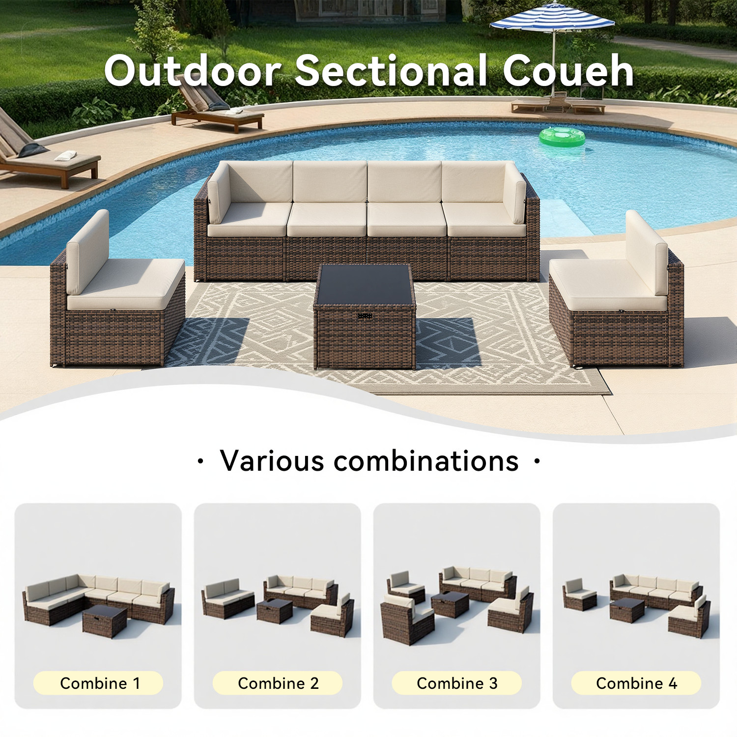 7-Piece Brown Rattan Sofa Set Beige Cushions Coffee Table