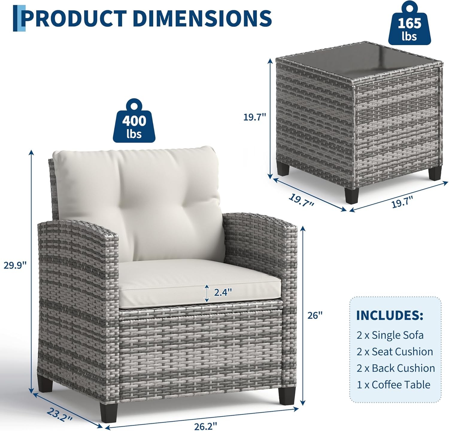 3 PCS Patio Furniture Set Outdoor Rattan Wicker Sofa w/ Cushions and Glass Table
