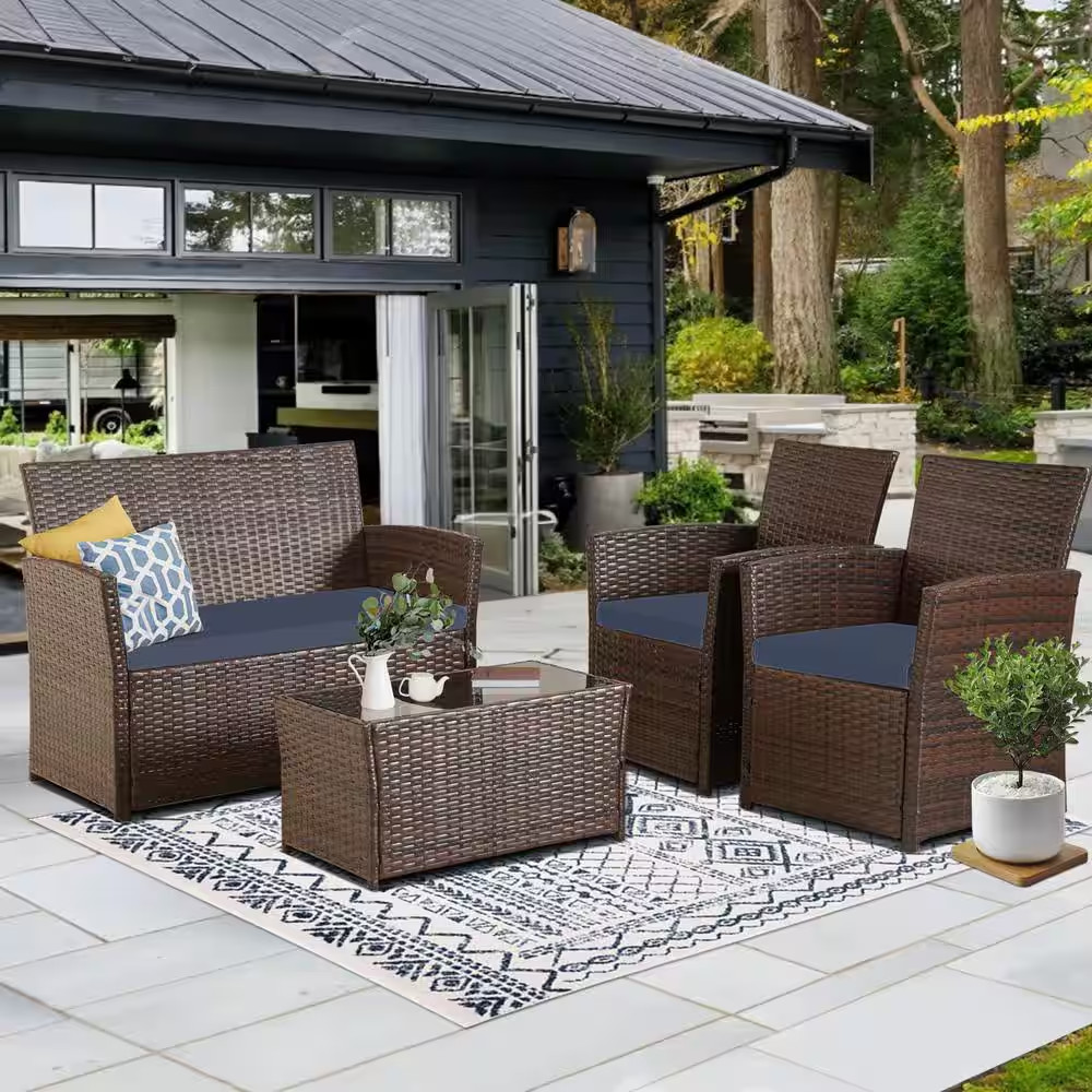 4-Piece Patio Furniture Set Outdoor Wicker Conversation with Midnight-Blue Cushi