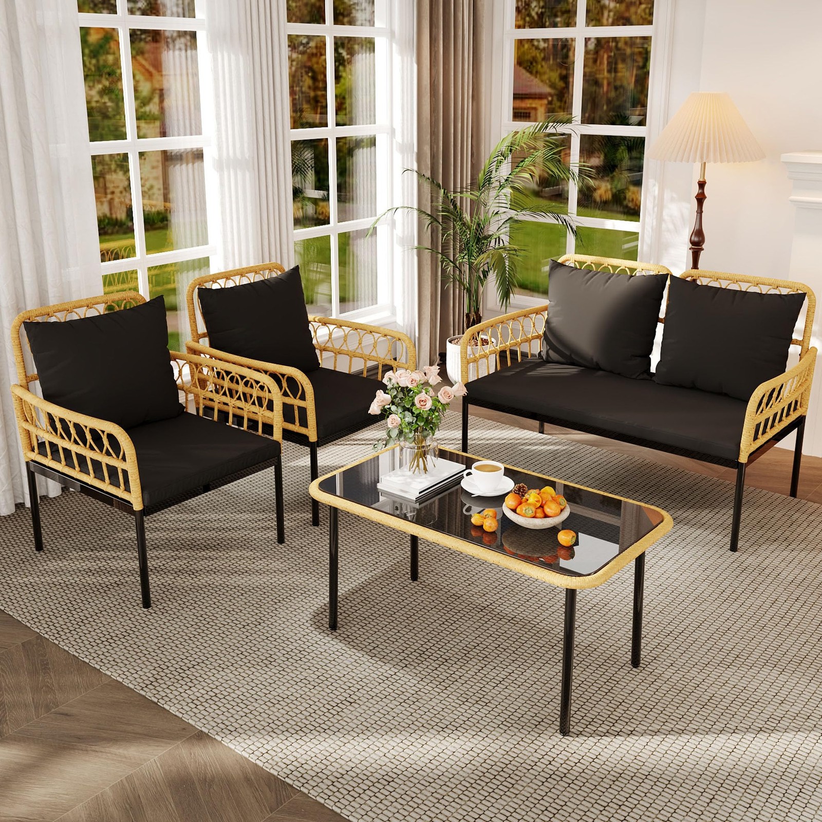 4 Piece Outdoor Patio Furniture Set, All-Weather Wicker Table and Chair Set Set